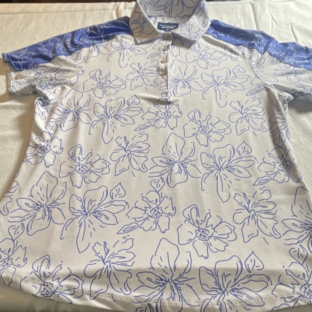 Bermuda Sands Golf Polo Shirt Men's M White Blue Floral Short Sleeve